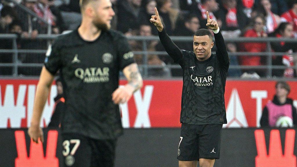 Kylian Mbappe celebrates after scoring for PSG