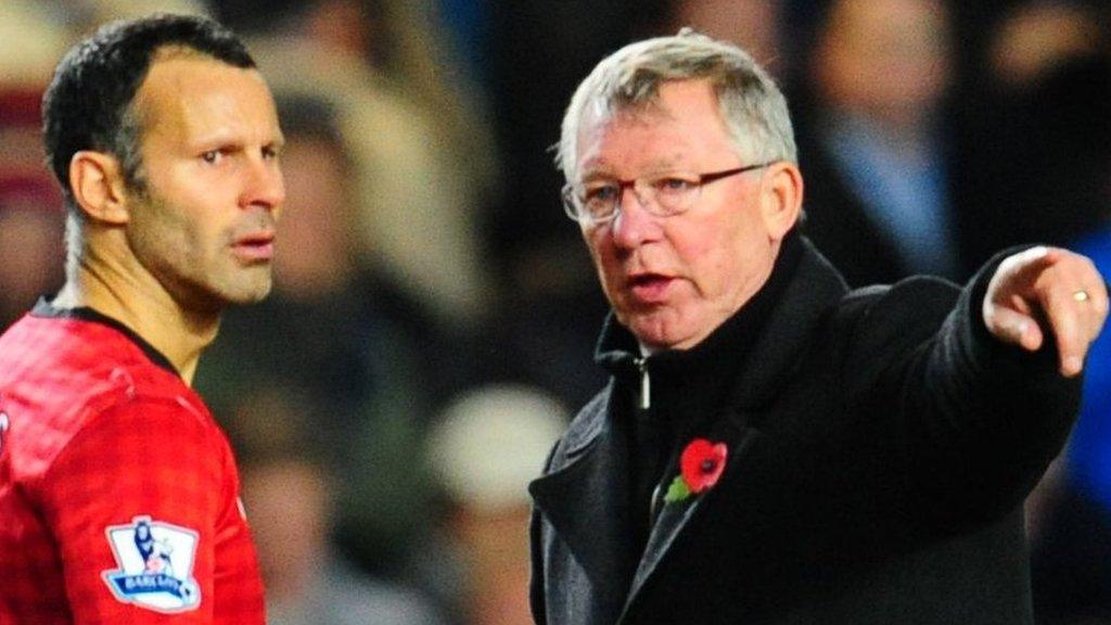 Sir Alex Ferguson gives Ryan Giggs instructions as Manchester United take on Chelsea in 2012