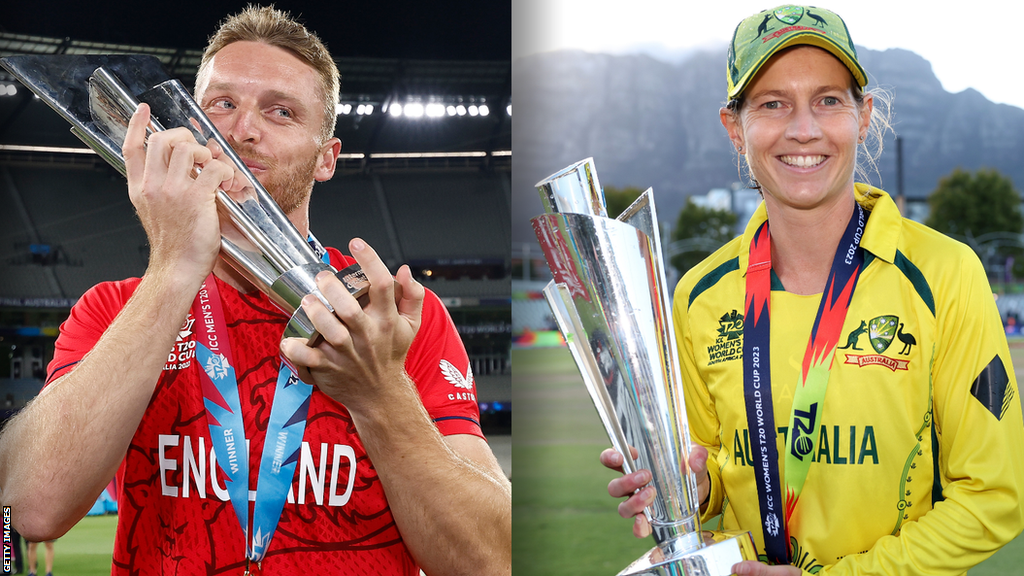 England captain Jos Buttler celebrates winning the 2022 T20 World Cup (left) and Meg Lanning celebrates winning the 2023 T20 World Cup (right)