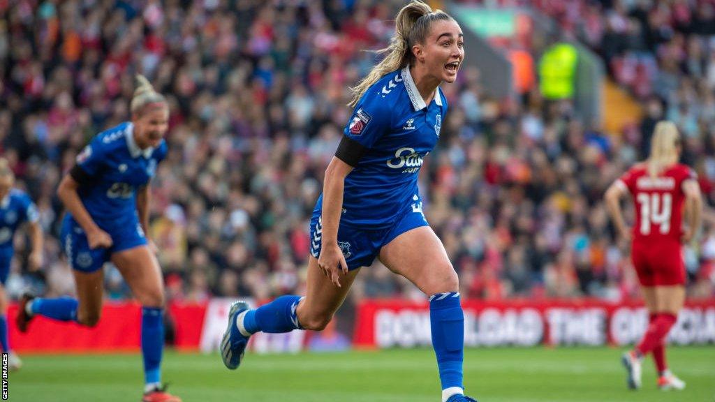 Megan Finnigan celebrates scoring at Anfield