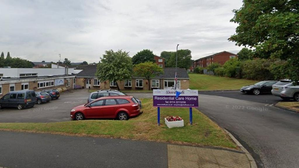 A view of the sign outside Deerlands Residential Care Home in Sheffield