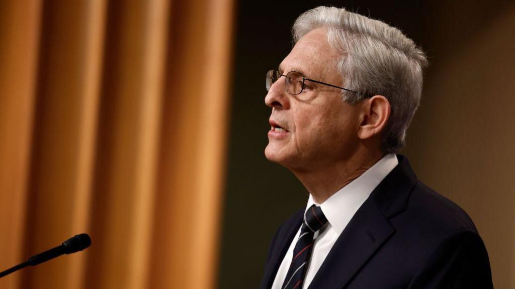 US Attorney General Merrick Garland speaking at a Justice Department press conference