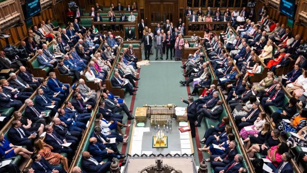 A birds eye view of the House of Commons, green pews are full of MPs for PMQs.