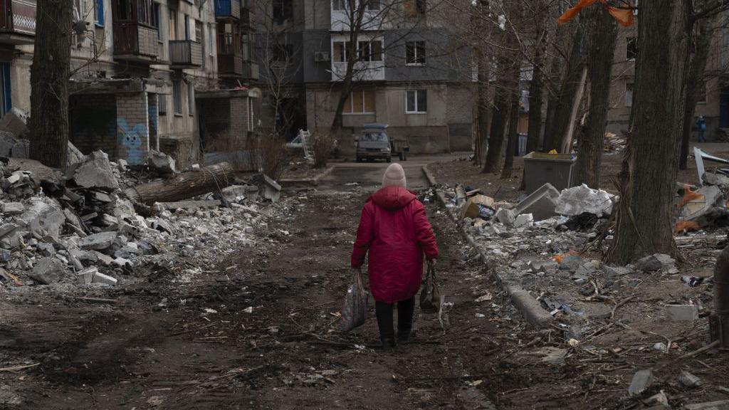 Remains of a residential building destroyed by an attack following Russian bombing in Kostiantynivka, Donetsk, Ukraine on 13 March 2025.