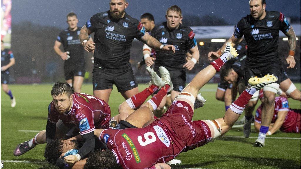 Glasgow Warriors’ Sione Vailanu scores a try against Scarlets