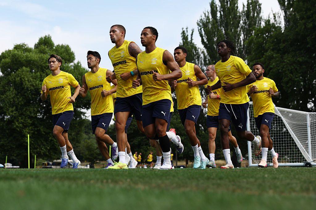 Southampton players conduct a running drill on their return to pre-season training in 2025