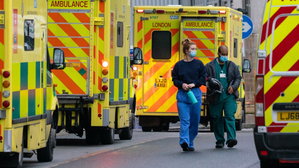 Medical personnel and ambulances outside the Royal London Hospital, in London, during England's third national lockdown to curb the spread of coronavirus. Picture date: Wednesday January 20, 2021