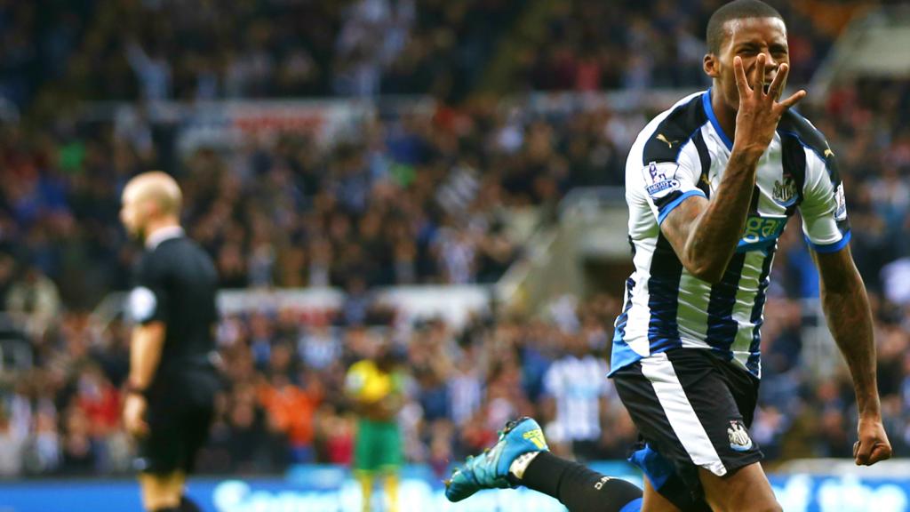 Newcastle striker Georginio Wijnaldum celebrates his fourth goal