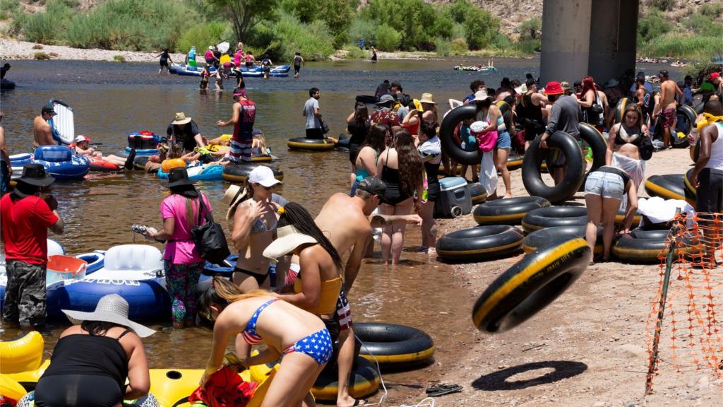 People go tubing on Salt River amid the outbreak of the coronavirus disease (COVID-19) in Arizona, U.S., June 27, 2020