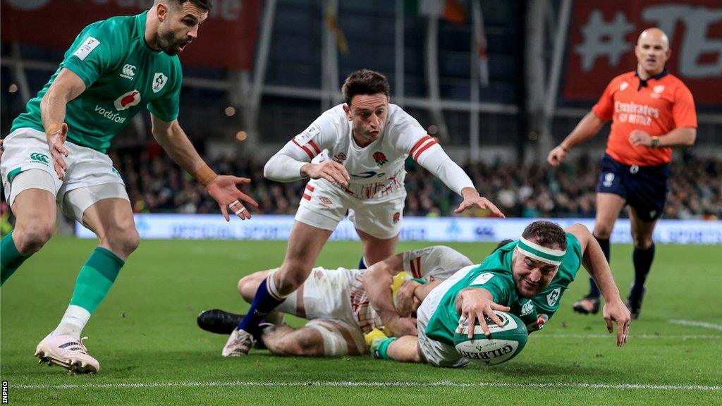 Rob Herring goes over for a try against England in the Six Nations game in Dublin in March