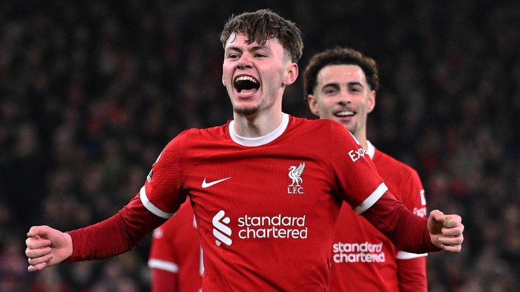 Conor Bradley celebrates scoring against Chelsea