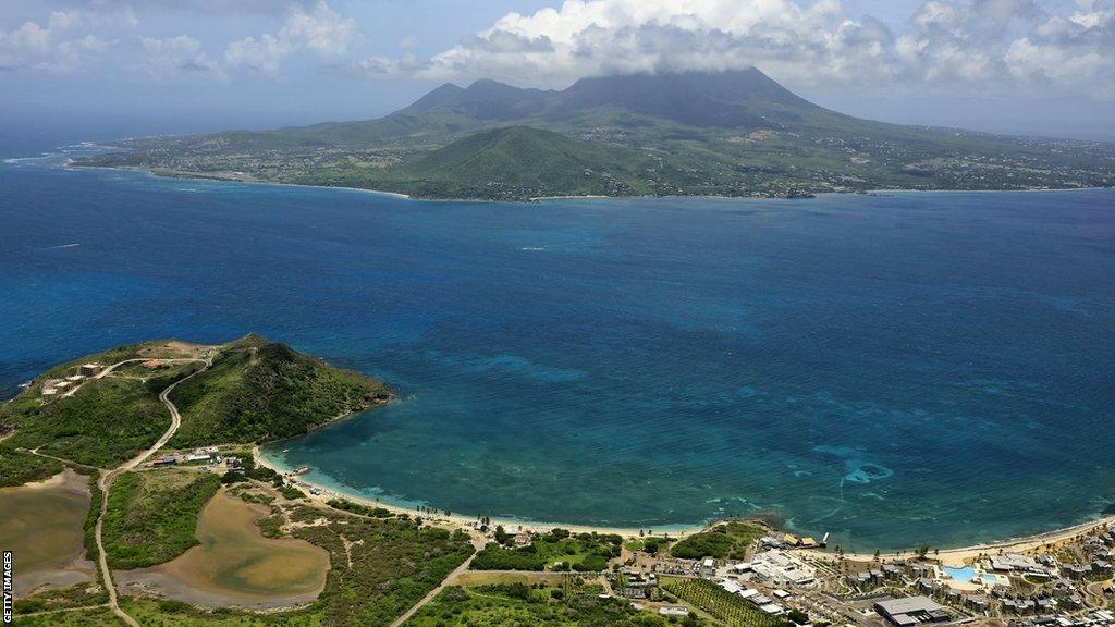 Aerial view of The Narrows ( 'The Straits') channel between the islands of Nevis (foreground) and St Christopher