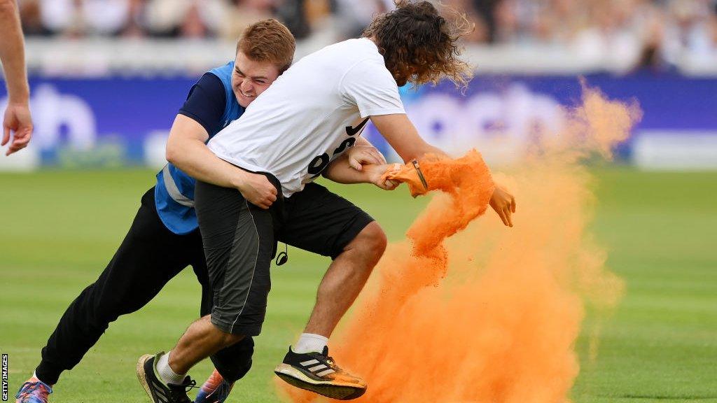 Just Stop Oil protester tackled by security during England v Australia cricket