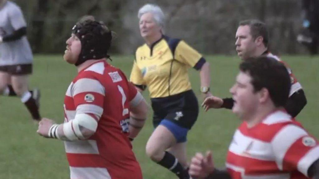 Kath Pritchard refereeing a Rugby match