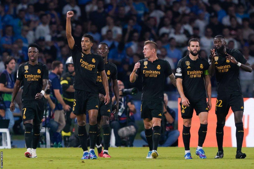 Jude Bellingham celebrates in front of his Real Madrid team-mates