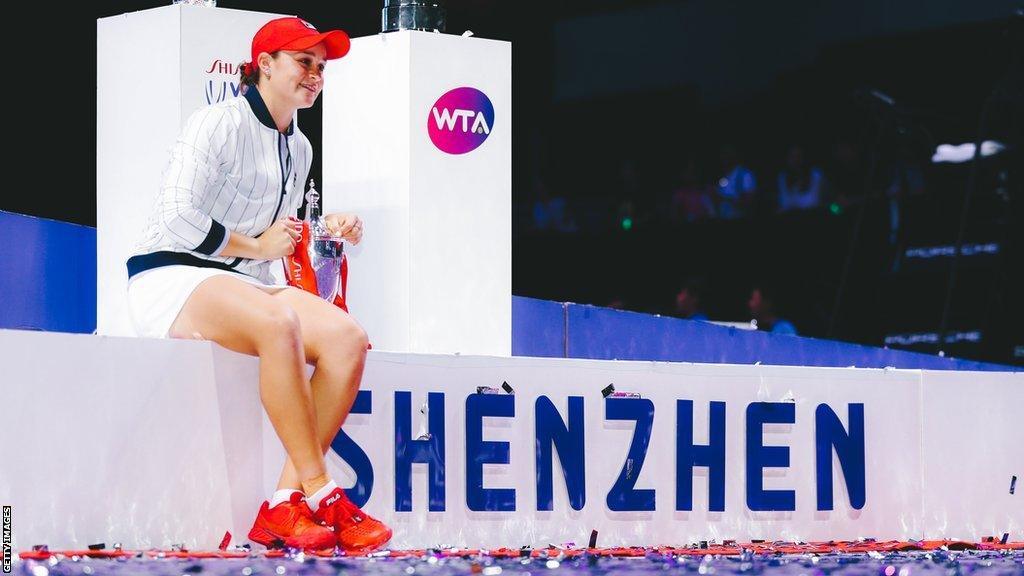 Ashleigh Barty with the WTA Finals trophy in Shenzhen, China in 2019