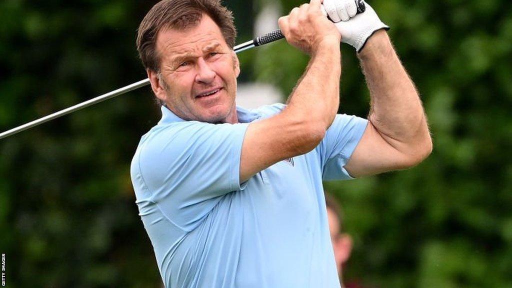 Sir Nick Faldo hitting a shot in the Pro-Am at the British Masters