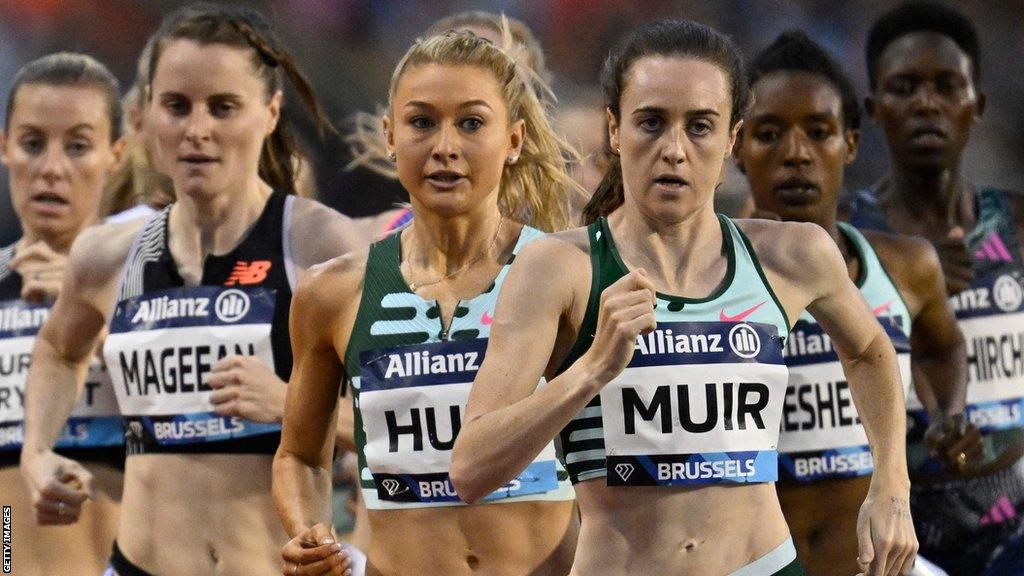 Laura Muir leads Australia's Jessica Hull and Ciara Mageean at the bell in Friday's 1500m in Brussels