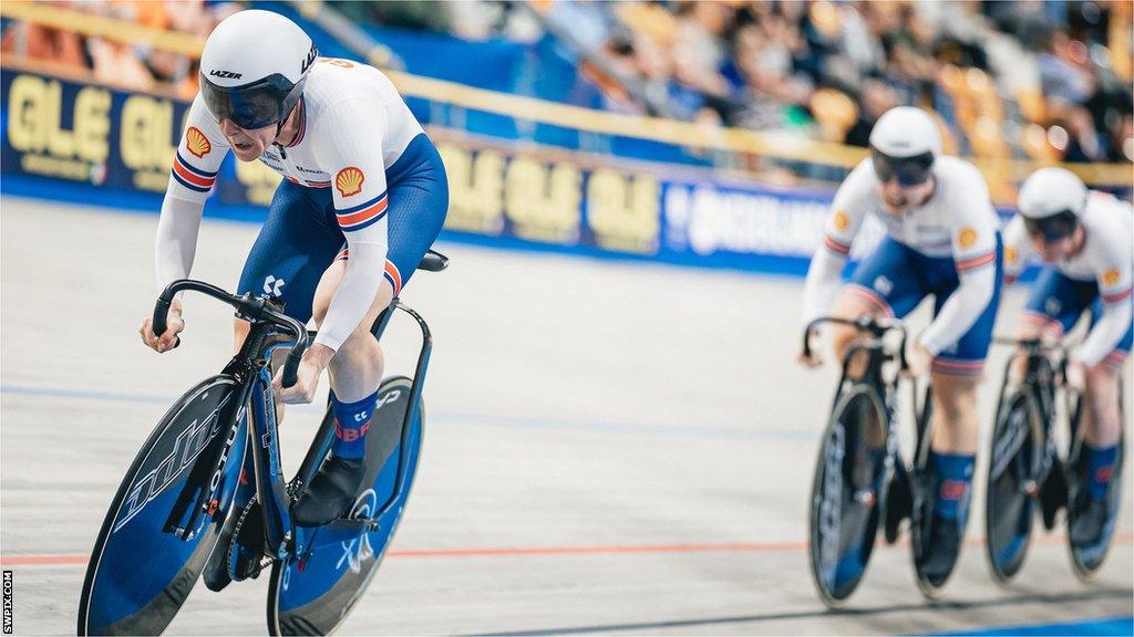 Katy Marchant, Sophie Capewell and Emma Finucane of Great Britain competing at the European Championships in January