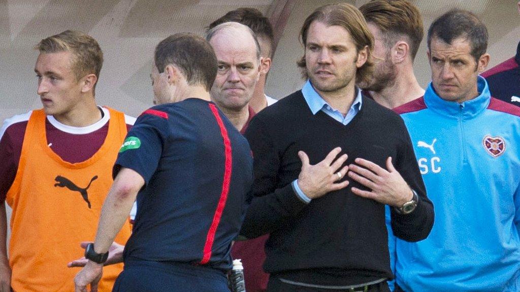 Referee Willie Collum and Hearts head coach Robbie Neilson