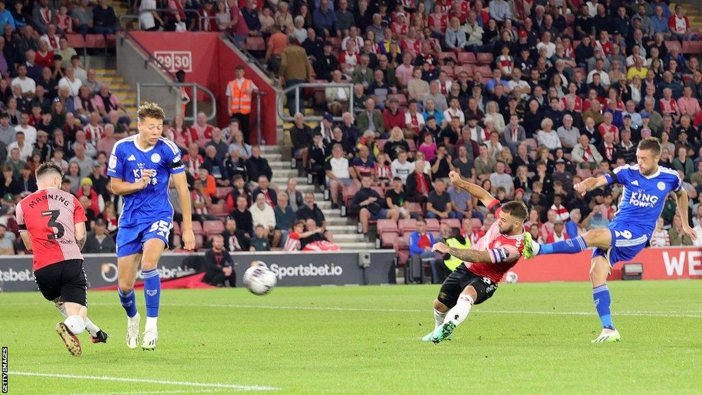 Jamie Vardy scoring Leicester City's first against Southampton with a low show from 12 yards out