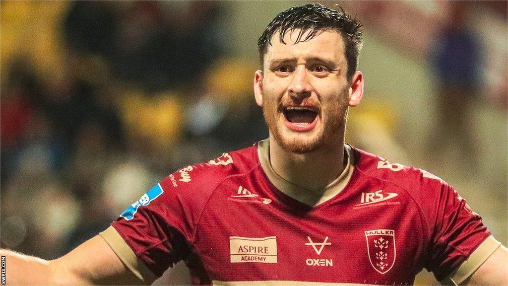 Sam Wood celebrates in Perpignan after Hull KR score