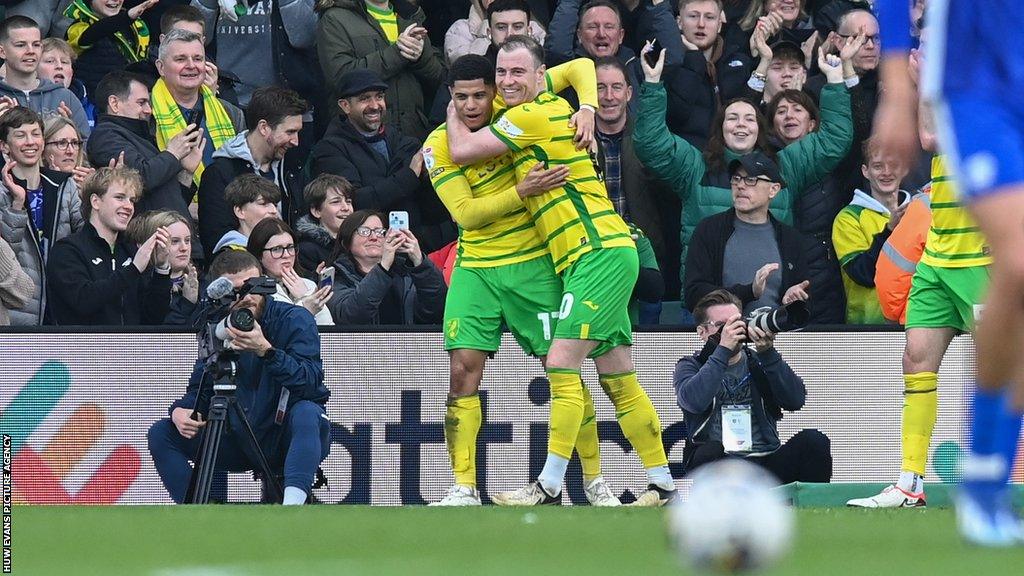 Gabriel Sara (left) celebrates his goal with Ashley Barnes