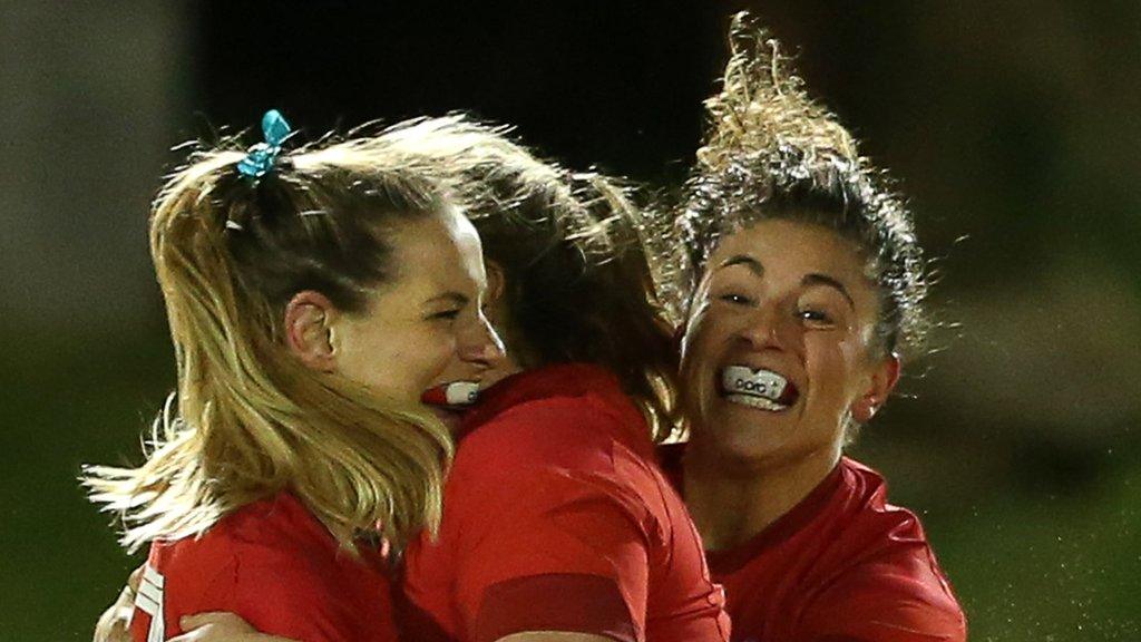 Wales celebrate as they beat Scotland in the women's Six Nations