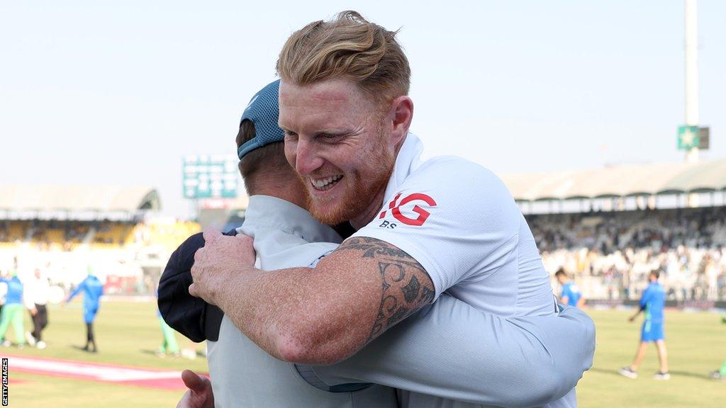 England captain Ben Stokes celebrates with coach Brendon McCullum after winning the Second Test Match between Pakistan and England at Multan Cricket Stadium on December 12, 2022 in Multan