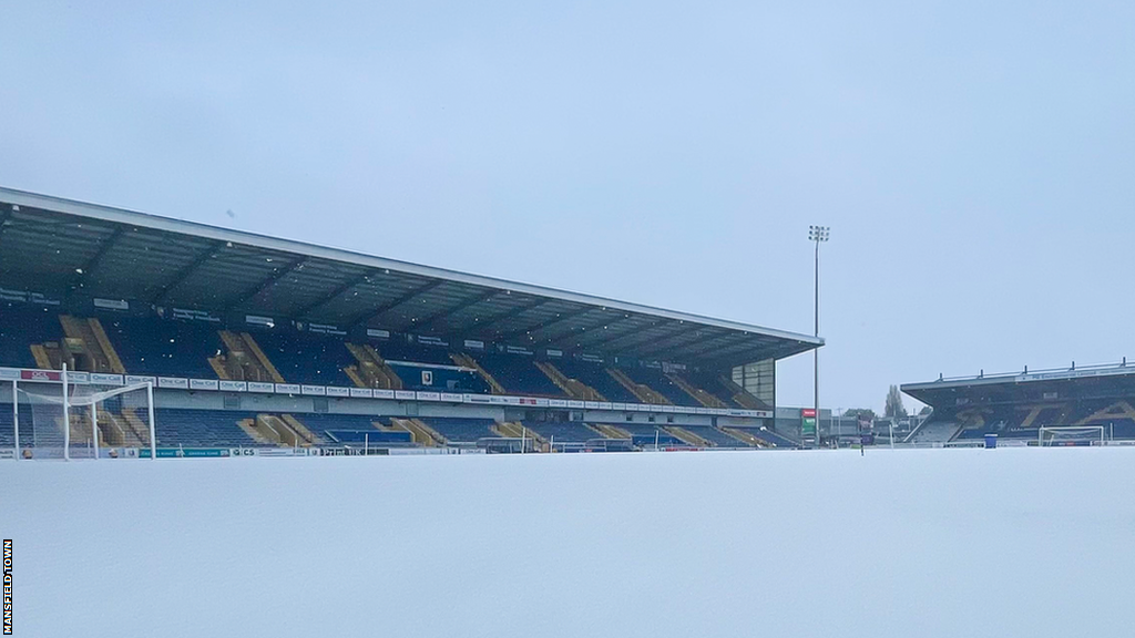 Mansfield Town's One Call Stadium pitch covered in snow