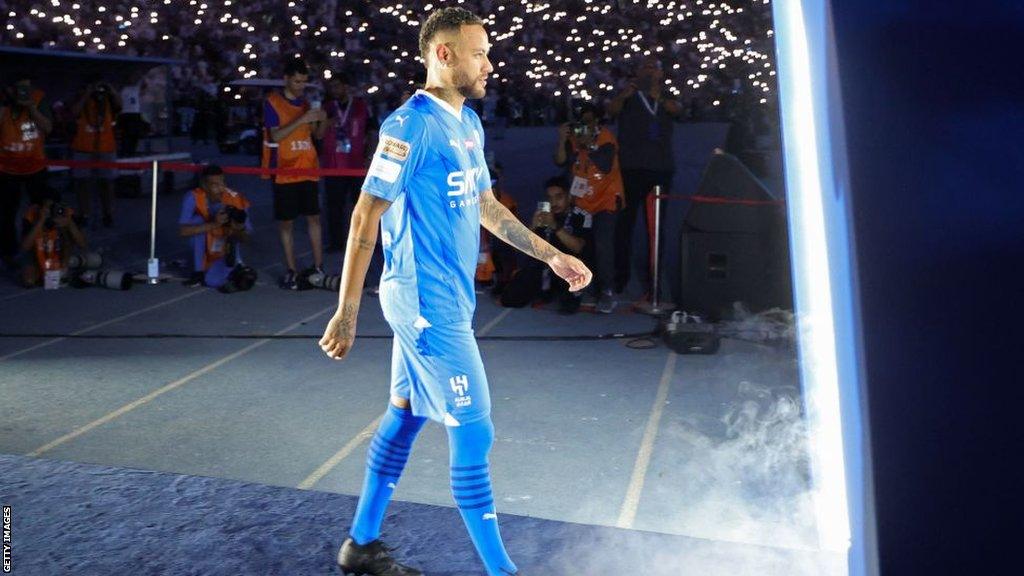 Neymar at his unveiling as an Al-Hilal player on Saturday