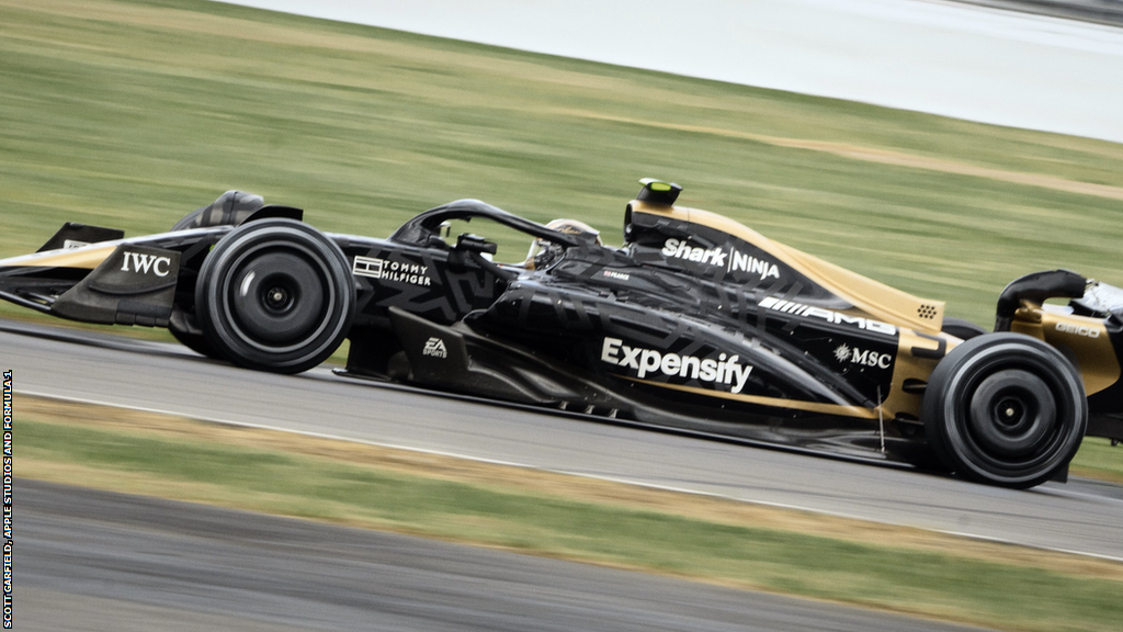 The modified Formula 2 car that will star in the new Formula 1 movie, 'Apex', out on track at Silverstone