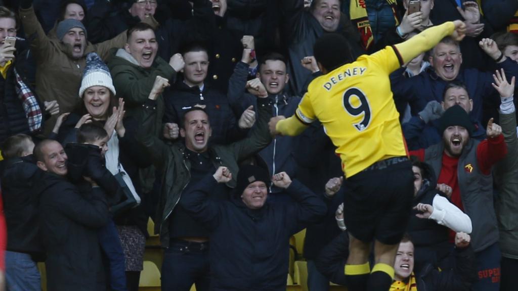 Troy Deeney celebrates after scoring for Watford