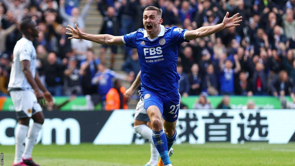 Leicester City's Timothy Castagne celebrates scoring their side's second goal of the game during the Premier League match at the King Power Stadium, Leicester.