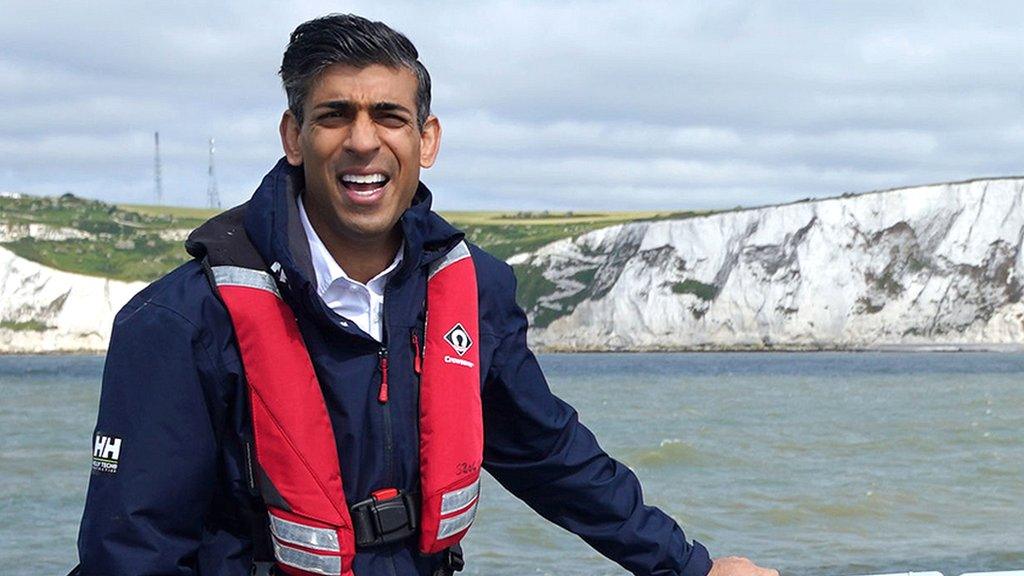 Rishi Sunak onboard Border Agency cutter HMC Seeker during a visit to Dover, June 2023