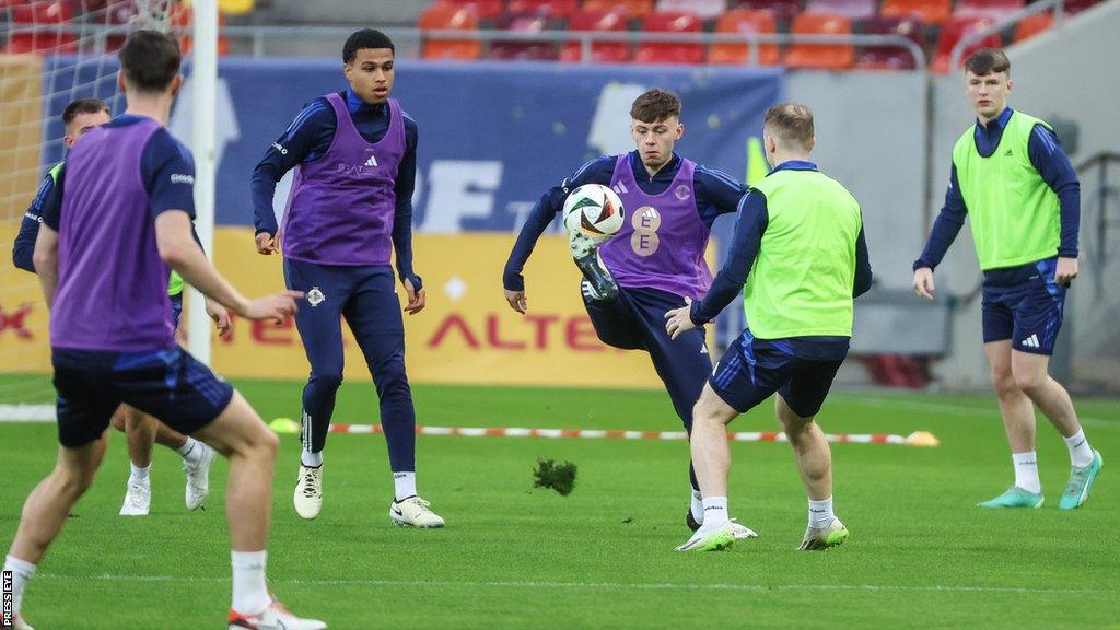 Conor Bradley, Shea Charles, Aaron Donnelly and Shayne Lavery in Northern Ireland training