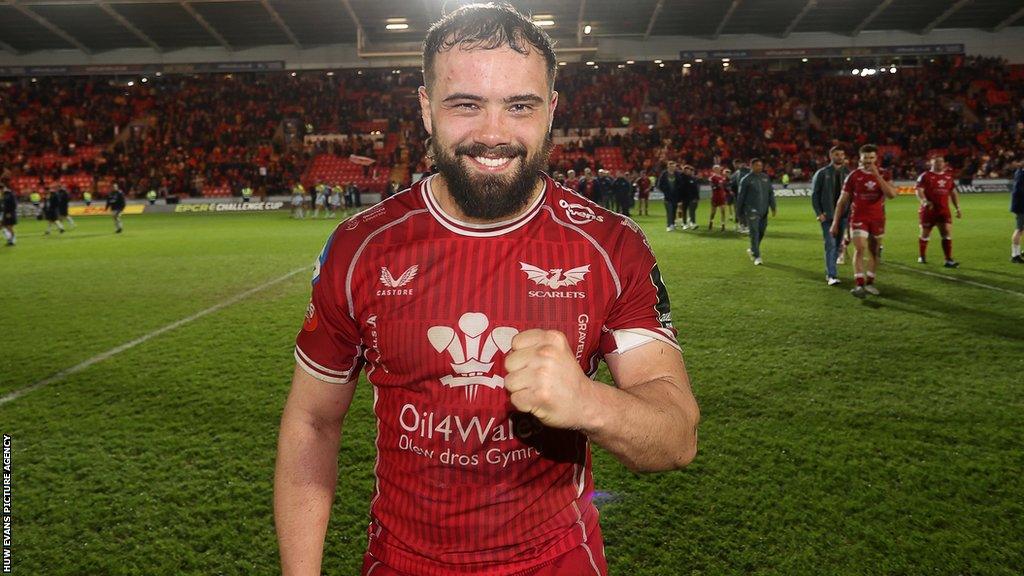 Scarlets captain Josh Macleod celebrates victory against Clermont