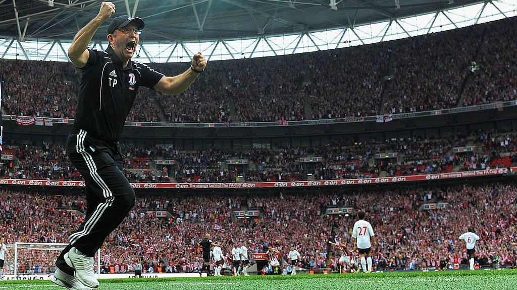 Stoke boss Tony Pulis celebrates his side's fourth goal in their 5-0 win over Bolton in the 2011 FA Cup semi-final at Wembley