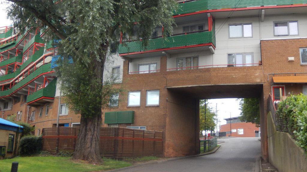 A section of the Byker Wall where it crosses Raby Way. The building is made of red and white bricks and has green balconies. A tree stands in front of part of the building.
