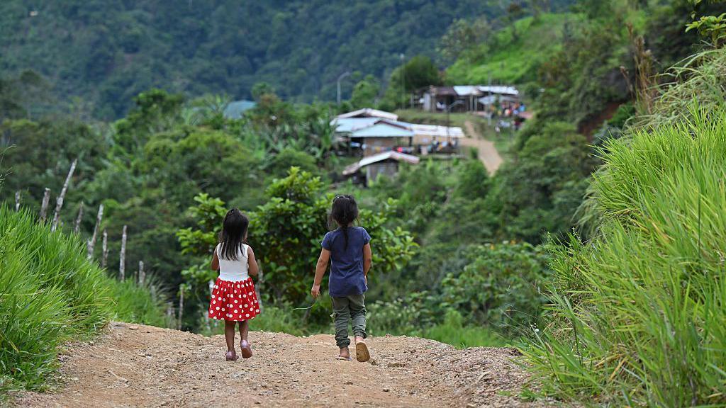 Two small children - both with long hair - walk down a dirt track surrounded by bushes and green. One wears a red skirt with white dots and pink shoes. The other wears a blue T-shirt and green trousers and flip flops. In the distance below them are a few buildings with what looks like corrugated iron roofs. 