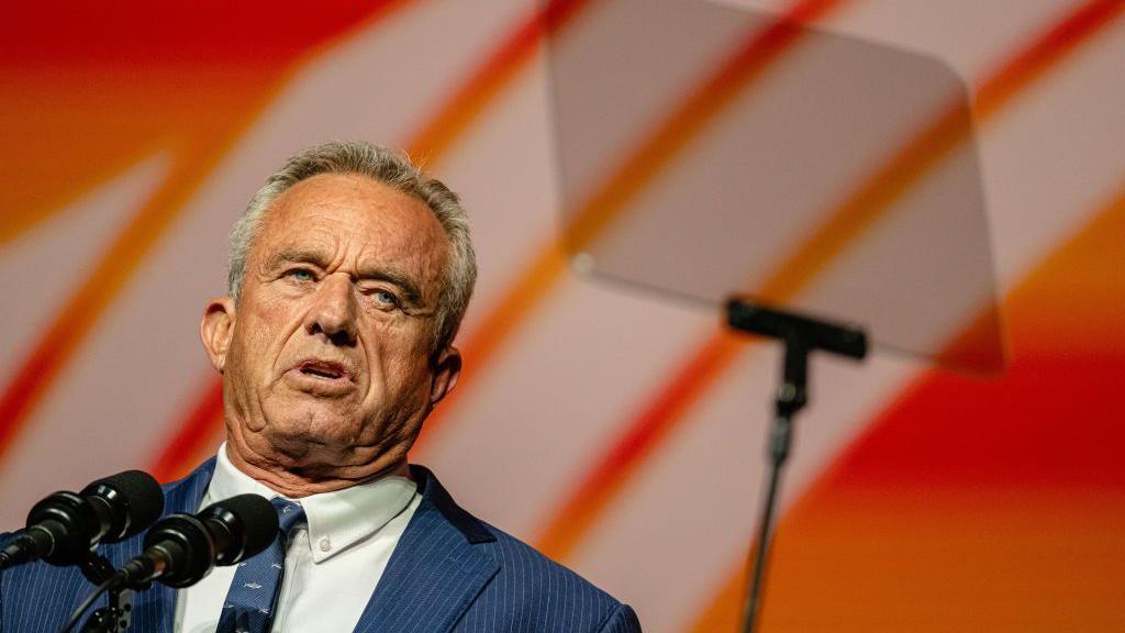 Robert F Kennedy Jr pictured speaking at a Bitcoin summit 