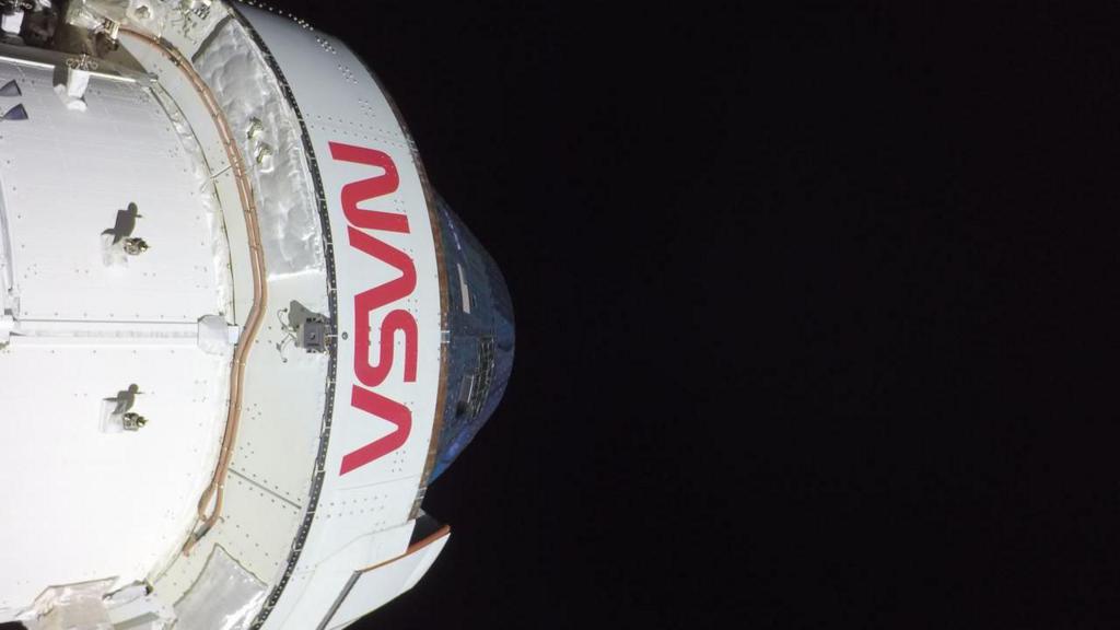 NASA’s Orion spacecraft is pictured here from one of the cameras mounted on its solar array wings