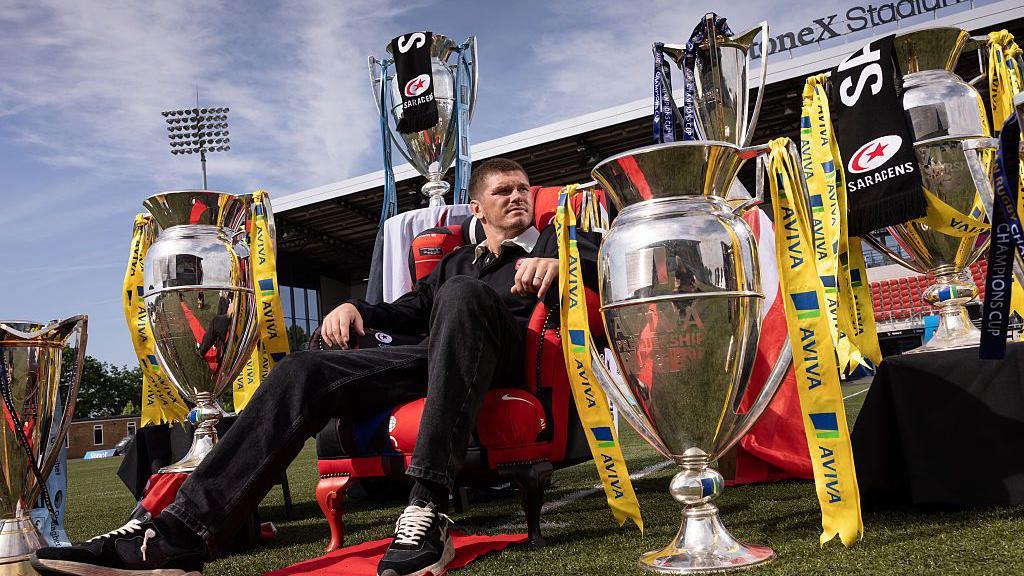 Owen Farrell poses at Saracens