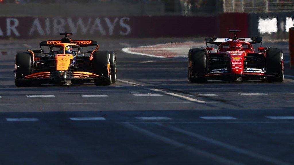 Oscar Piastri and Charles Leclerc compete during the Azerbaijan Grand Prix