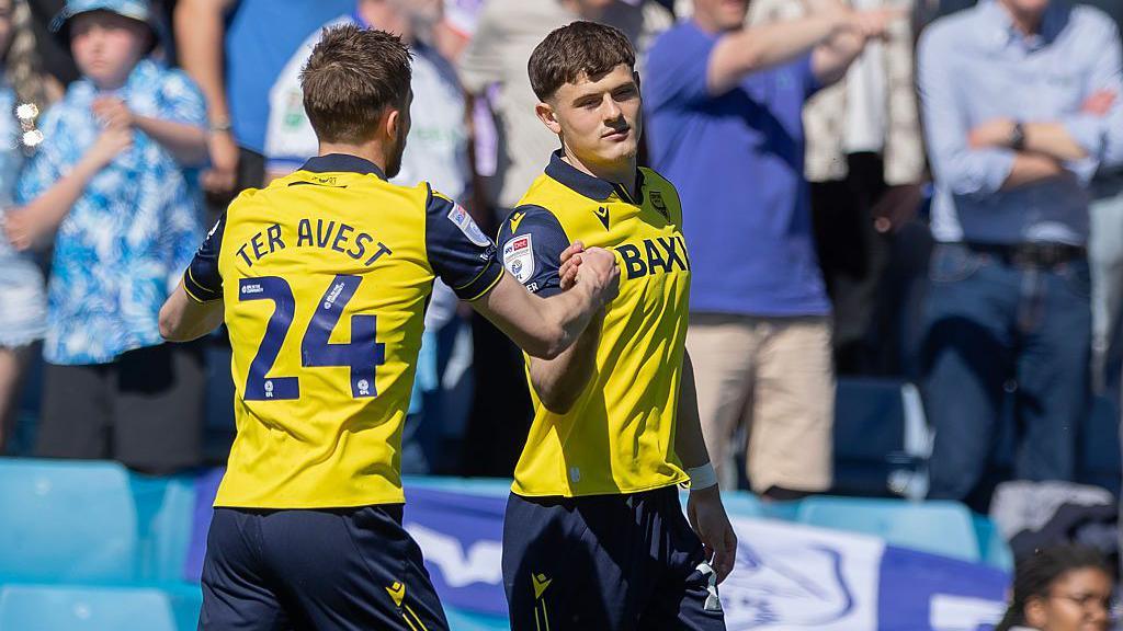 Will Lankshear (R) of Oxford United celebrates scoring his sides first goal during the Sky Bet Championship match between Oxford United and Sheffield Wednesday at Kassam Stadium.
