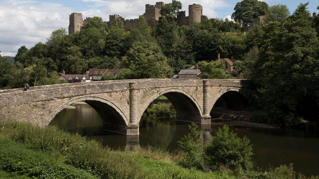 The River Teme flowing under a bridge with Ludlow castle in the background