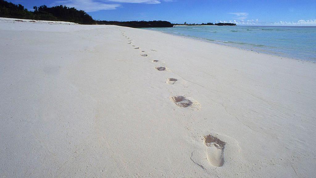 Footprints on a white sand beach, on Assumption Island in the Seychelles.