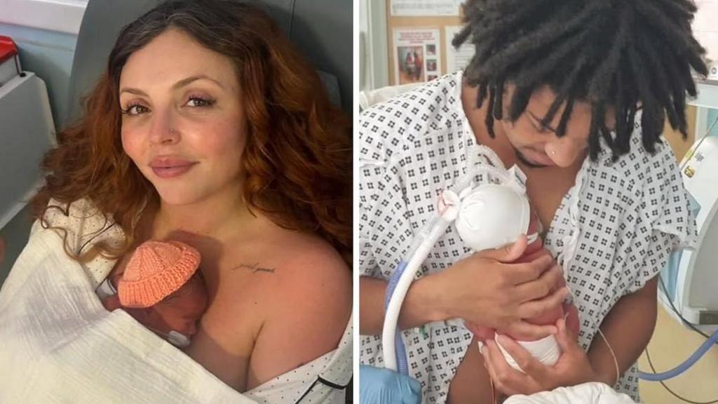Jesy Nelson and her partner Zion Foster are both pictured holding their newly born twin daughters in hospital. Nelson, on the left, sits on a chair with one of the girls resting on her chest, with the baby wearing a knitted beanie. Foster is pictured on the right also holding one of the girls. He is wearing a hospital gown. The baby appears to have a medical tube coming from its mouth.