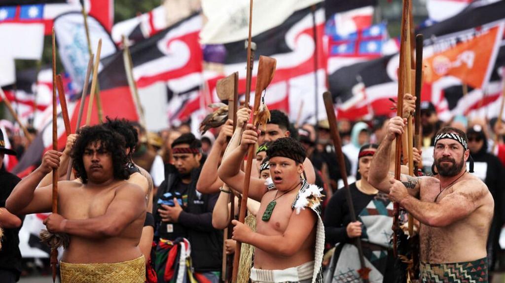 Hikoi members congregate at Parliament on November 19, 2024 in Wellington, New Zealand. 