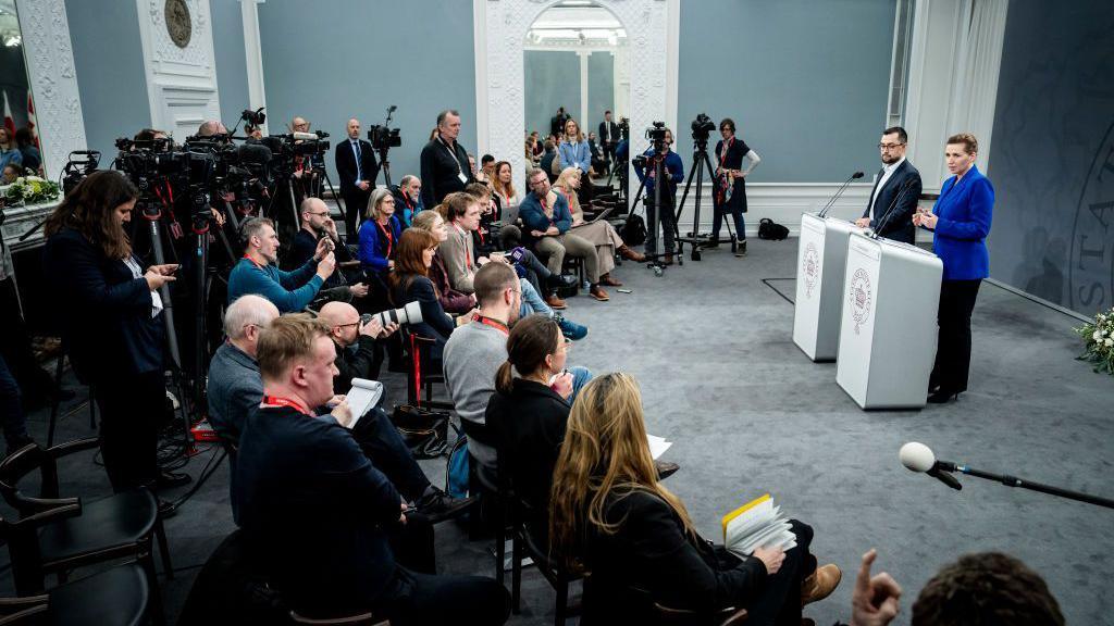 Denmark's Prime Minister Mette Frederiksen and Chairman of Naalakkersuisut in Greenland Mute B Egede hold a press conference in Copenhagen